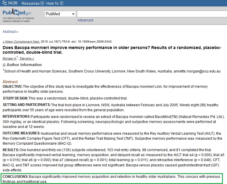 Cogniflex ingredients research Bacopa monnieri